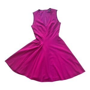 Karen Millen Magenta Pink V-Neck Fit and Flare Dress Pleated Waist DZ027 US 4